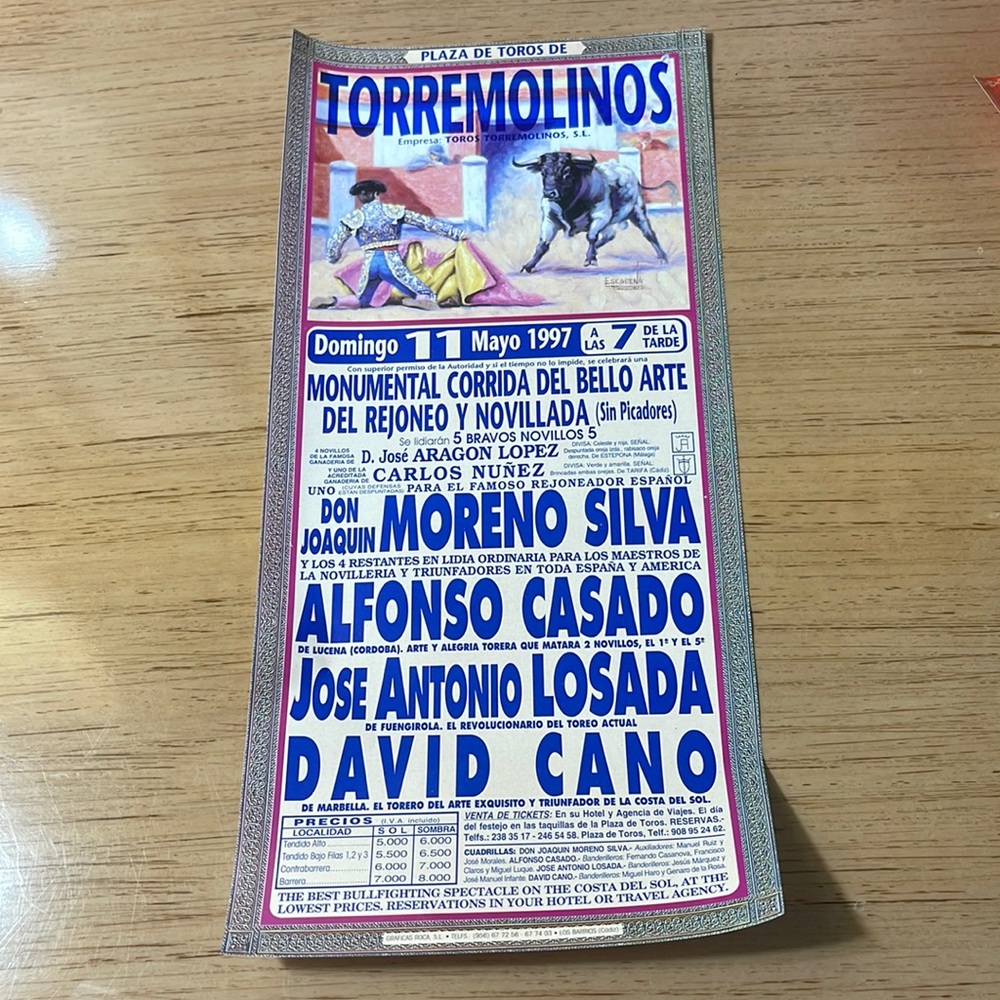 Authentic Vntg Bull-Fight Advertisement Poster: Torremolinos, Spain, 1997